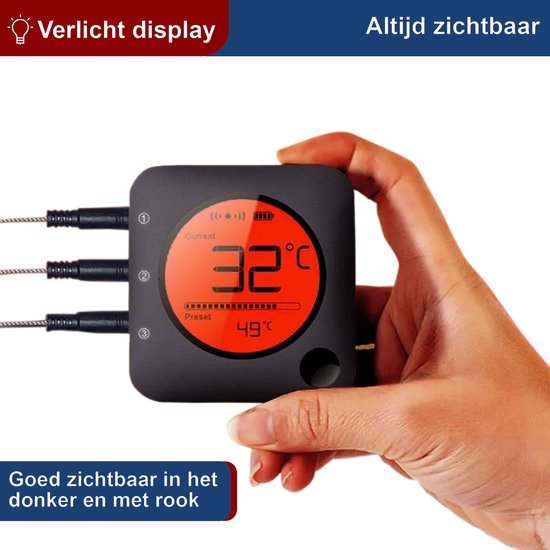 Hand houdt Claire vleesthermometer met verlicht rood display. Huidige temperatuur 32°C, preset 49°C. Goed zichtbaar in het donker.