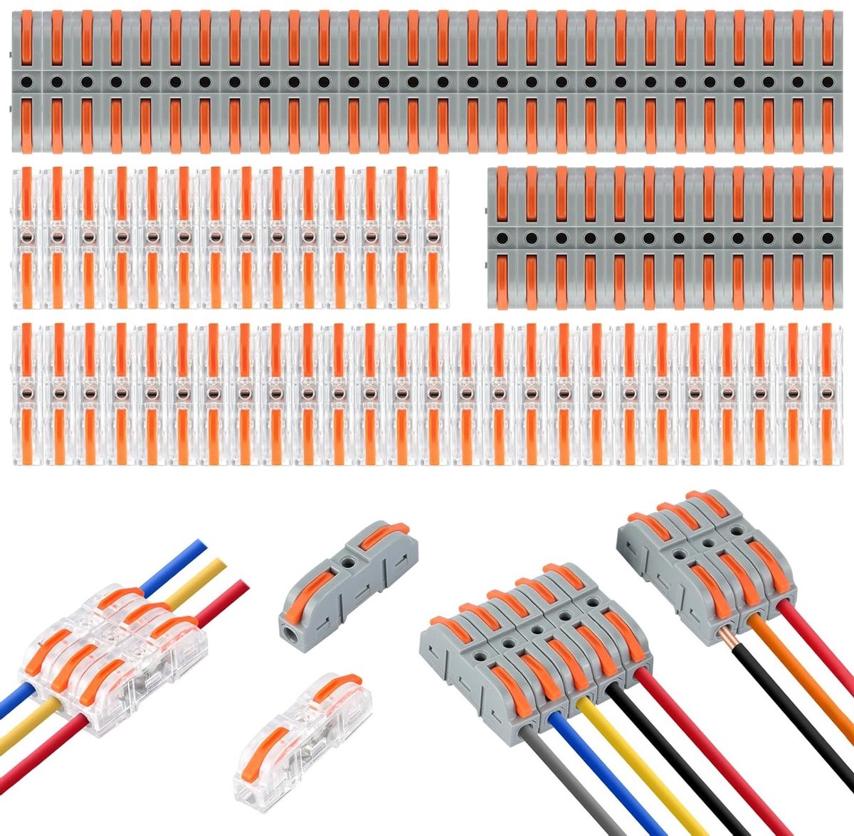 Set van 80 kabelconnectoren, aansluitterminals met controlehendel, bilaterale geleiders, combineerbare doorgangsconnectoren en elektrische kabelclips voor optimale kabelverbindingen