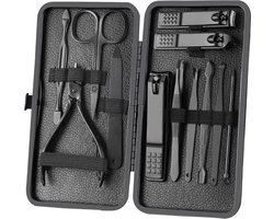 Manicureset nagelknipper pedicure kit -12 stuks roestvrijstalen manicureset, professionele verzorgingssets, nagelverzorgingsgereedschap met luxe lederen reisetui geschenkdoos (zwart, 12)