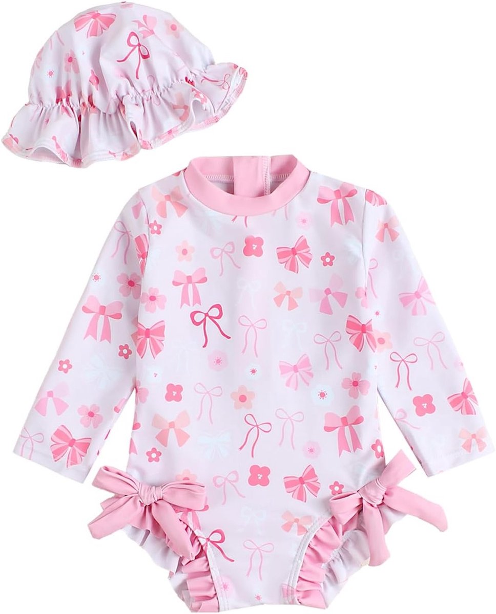 Zomerse Baby Meisjes Badpak met Lange Mouwen en Zonnehoed - UV Bescherming, Comfortabel en Stijlvol Zwemkleding