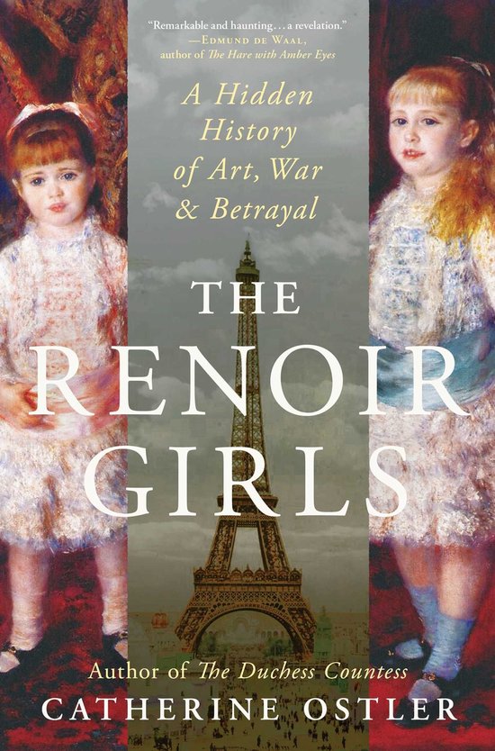 Couverture de livre avec deux filles en robe au premier plan et la Tour Eiffel à l'arrière-plan. Le titre est 'The Renoir Girls'.