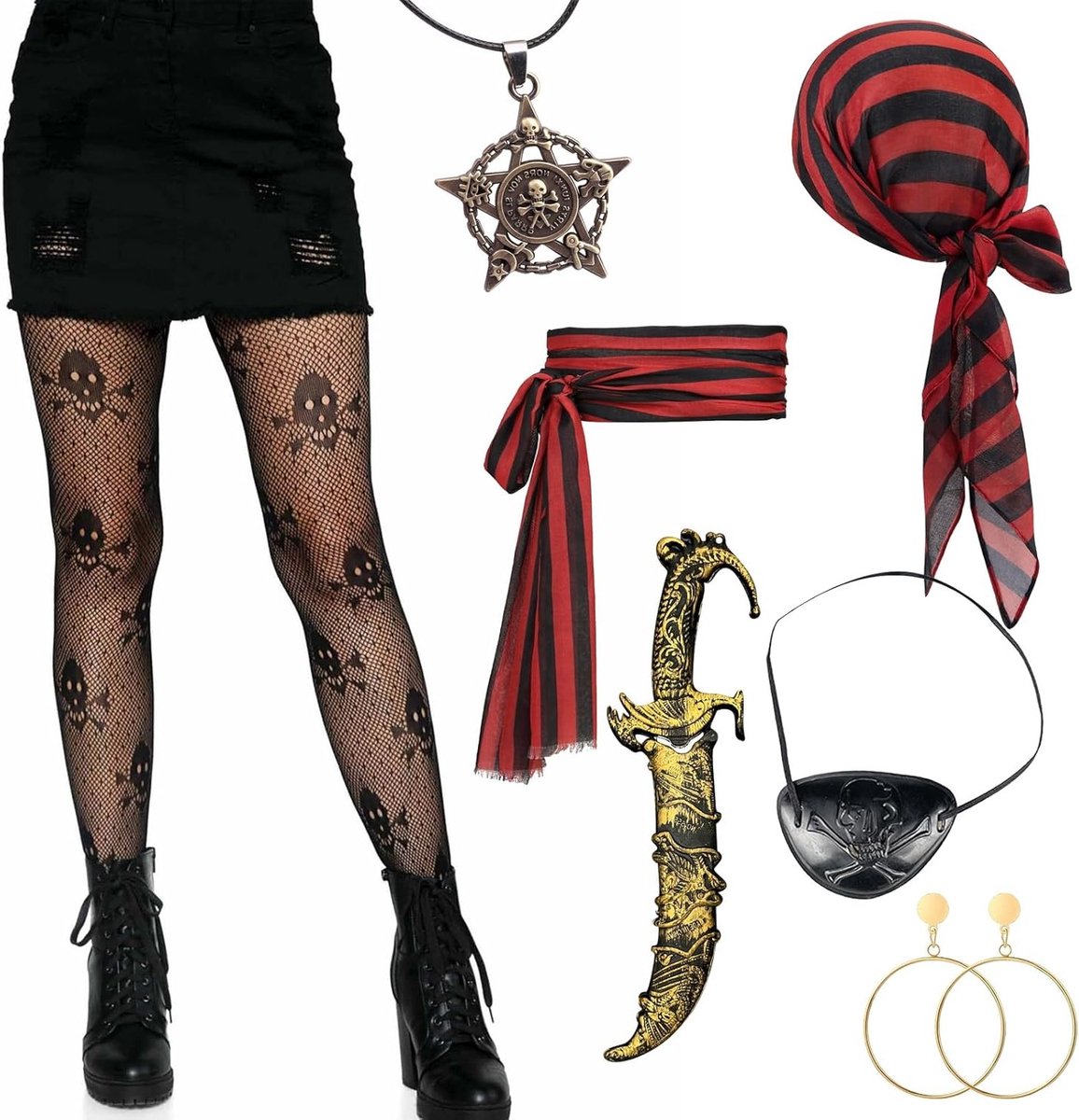 Piratenkostuum Set voor Mannen en Vrouwen met Hoed, Bandana en Oorbellen voor Carnaval en Cosplay