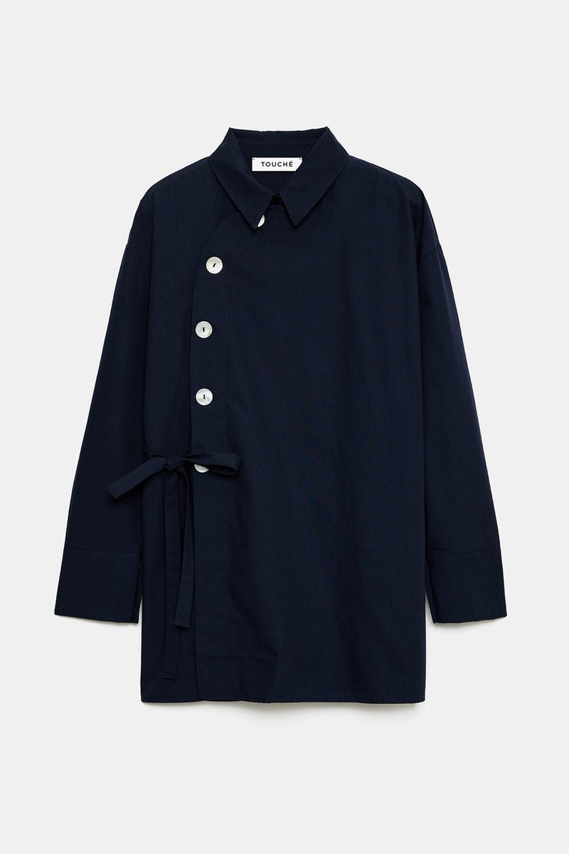 Touché Privé - Asymmetrische blouse met parelmoer knopen - Marine - Dames