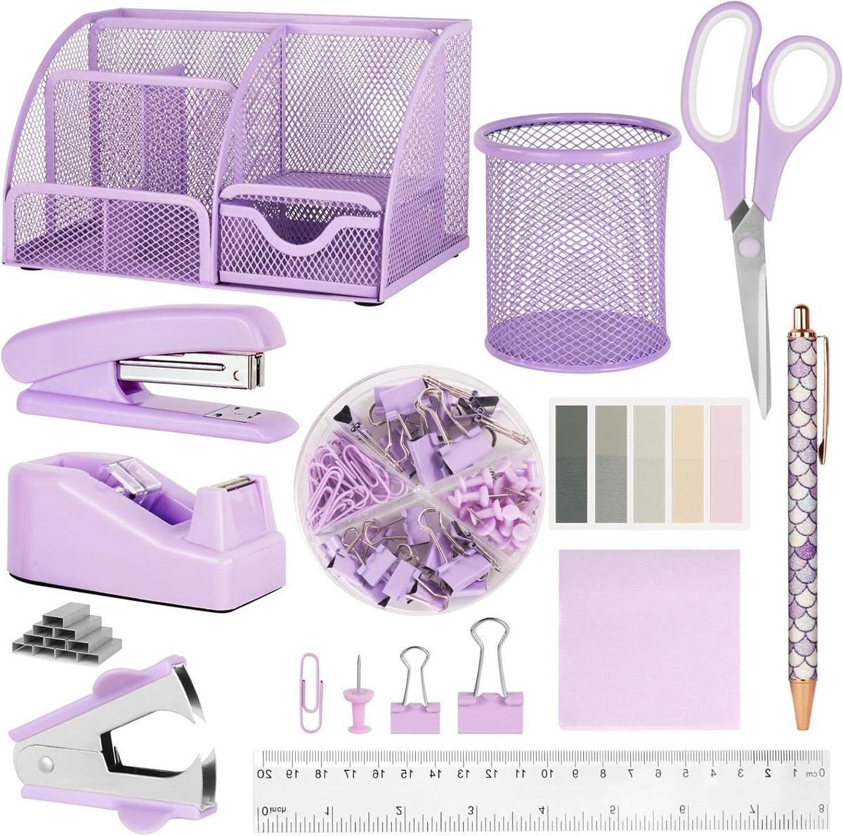 Complete bureauset met bureau-organizer, nietjesverwijderaar, tape-dispenser, schaar, clips, plaknotities en balpen - paars