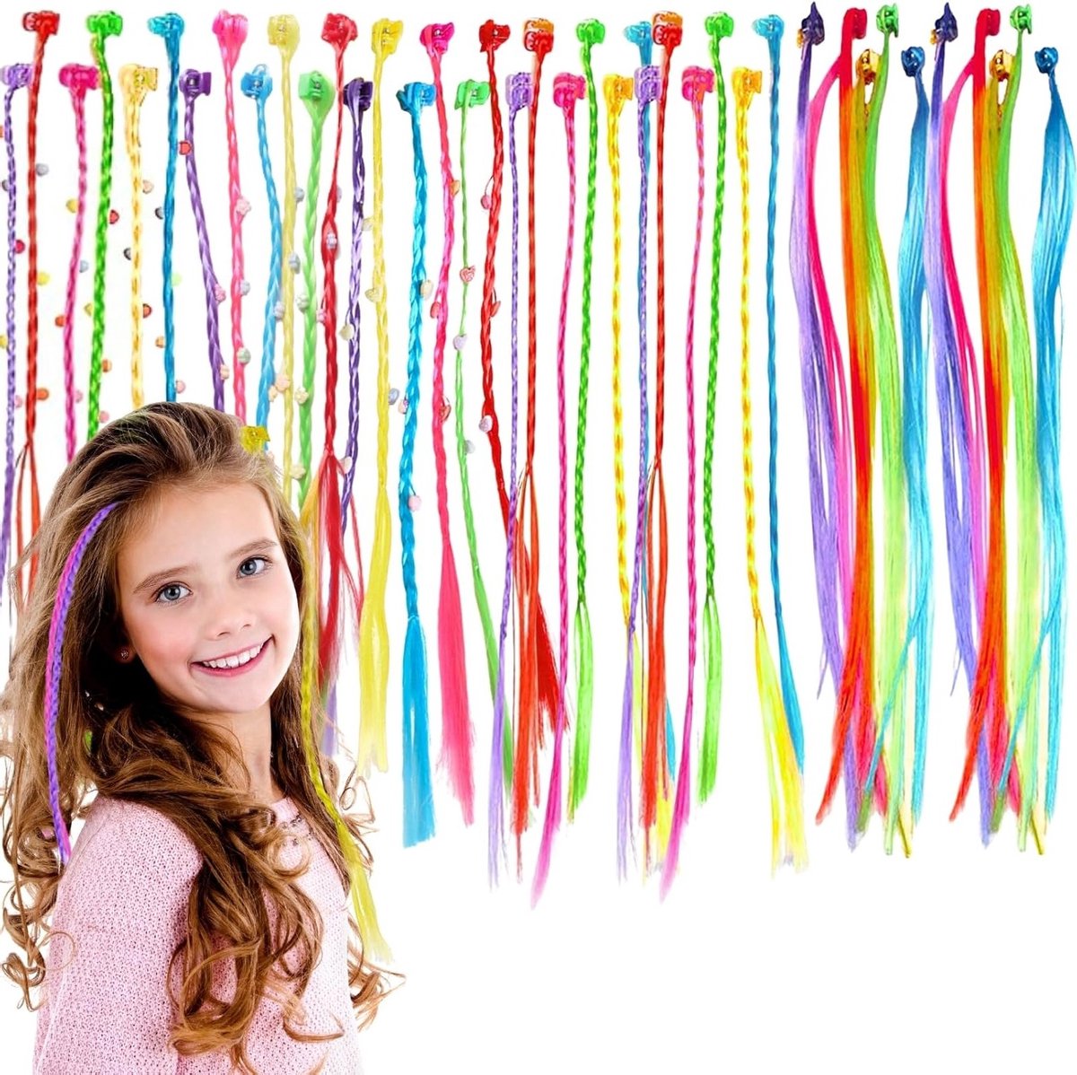 Kleurige Haarextensions met Clips, Haarvlechtset voor Meisjes en Kinderen, Haarstyling Accessoires voor Feest en Optredens, Inclusief 42 Stuks voor Creatieve Looks