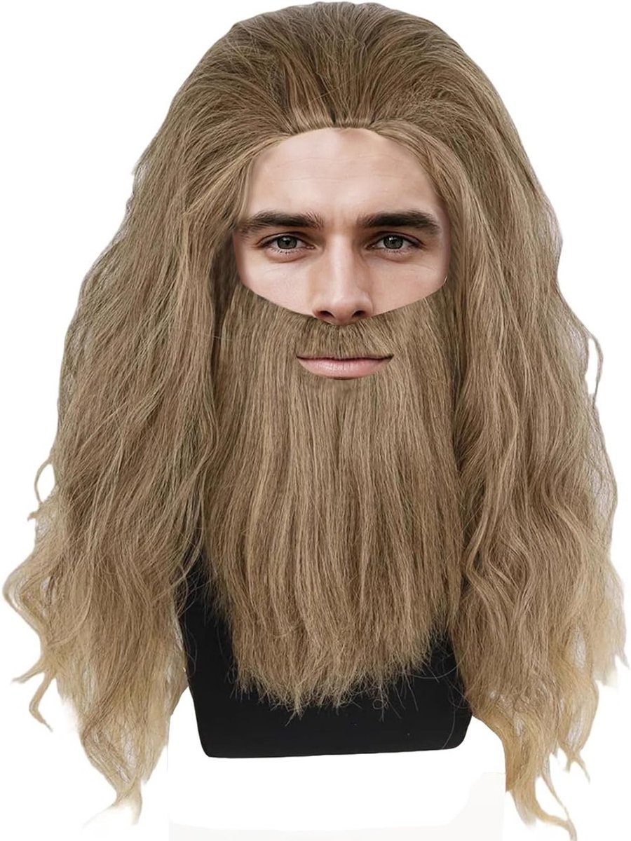 Langharige Tovenaar Perucque met Baard voor Cosplay, Carnaval en Halloween Feestkostuum - Lichtbruin Haaraccessoire