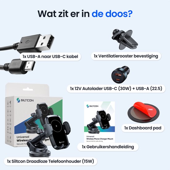Siltcon® Telefoonhouder Auto 15W QI Draadloze Oplader - Telefoonhouders Auto - Extra Sterkte Zuignap voor Dashboard, Raam & Ventilatie - GSM Houder Auto - Auto Accessories – USB-C 30W – USB-A 22.5W – Snellader - 360° - Universeel alle Telefoons