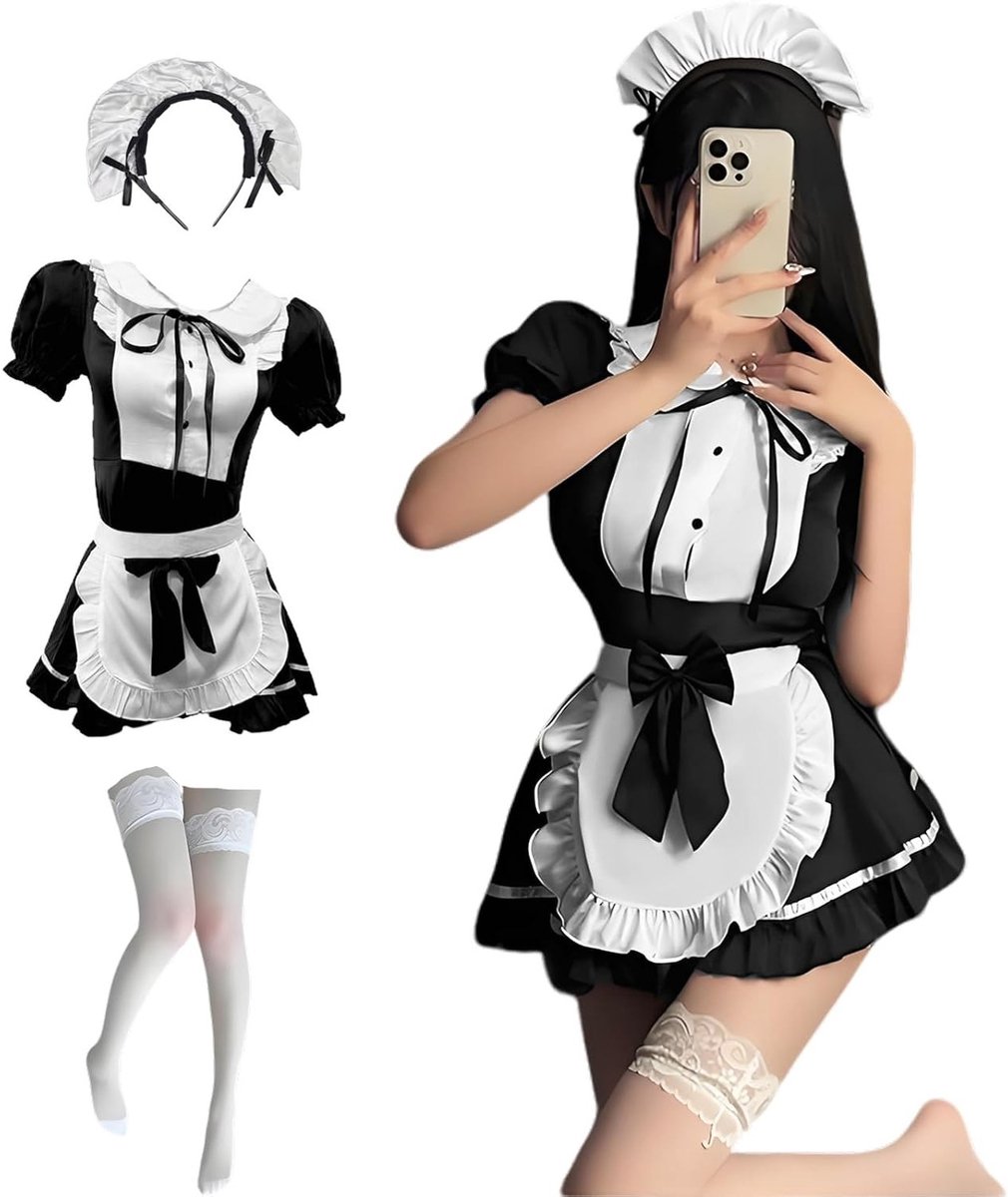 Sexy Dienstmeisje Kostuum met Hoofdband en Witte Kousen voor Halloween en Cosplay Feestjes, Perfect voor Thema- en Carnavalsvieringen