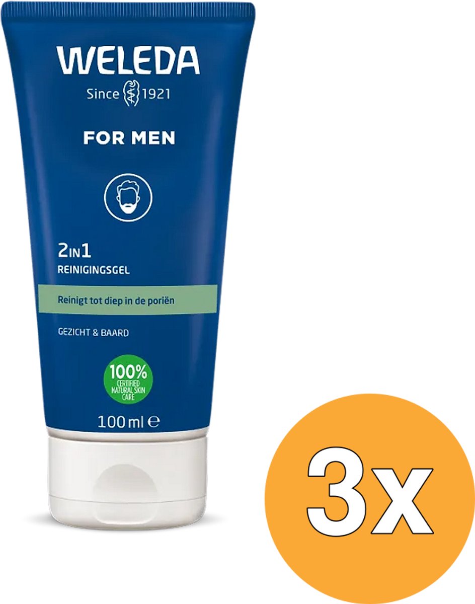 3x WELEDA Men 2 in1 reinigingsgel gezicht en baard (100 ml)