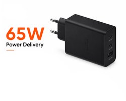 Super Snellader 65W - 2x USB-C PD Fast Charge Ingang - 1x USB-A QC 3.0 Ingang – 65 Watt USB-C Oplader Adapter - Compatible met Apple Macbook | iPad | iPhone | Samsung Galaxy S25/S24/S23/Ultra/Plus | Tab S/A | Laptop - Zwart