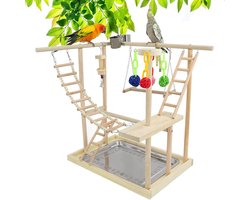 Grote Speelplaats voor Parkieten met Schommel, Houten Ladder en Kleurrijke Rietballen, Vogel Speelgoed met RVS Bak, 48 x 33 x 54 cm