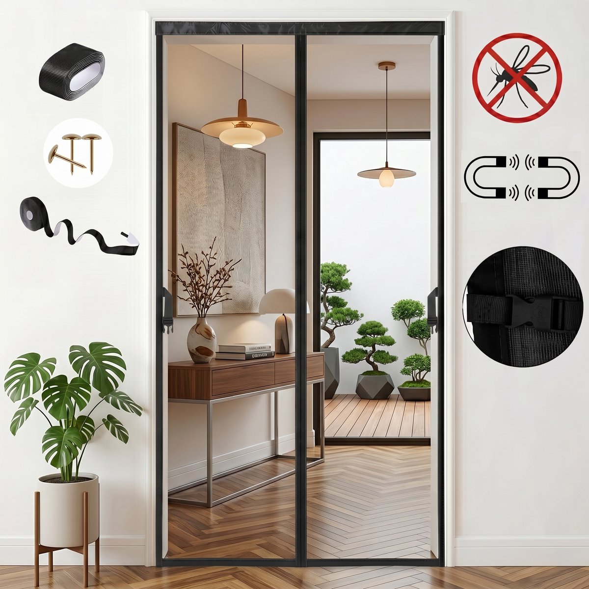 MUPOO Vliegengordijn Magnetisch – Hor Deur Schuifdeur met Verzwaarde Zoom- Zelfsluitend & Zonder Boren -hordeuren voor Schuifpui & Franse Deuren- 97x210 cm -Zwart-1 stuk