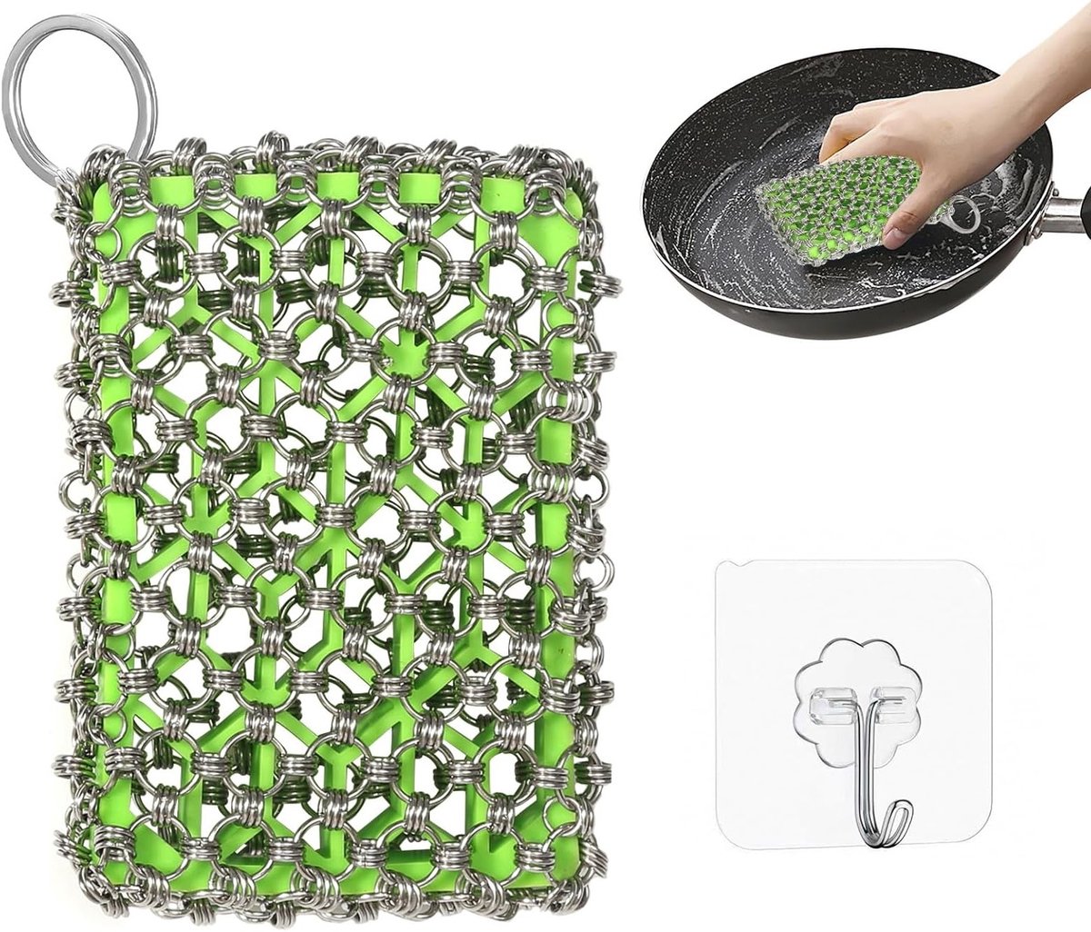 Effectieve RVS Gietijzeren Cleaner voor Dutch Oven, 11 x 8 cm, Inclusief Hechthaken en RVS Ring voor Kookgerei en Pannen onderhoud