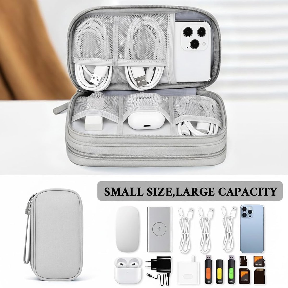 Organizer voor datakabels - Oplader organizer - Organizer voor elektronica - Multifunctionele organizer - Draagbare organizer - 21x12,5x6 cm - Verdikte stof - Vakjesindeling - Geschikt voor oordopjes, powerbank, USB-harde schijf, SD-kaart - Grijs – foto 5