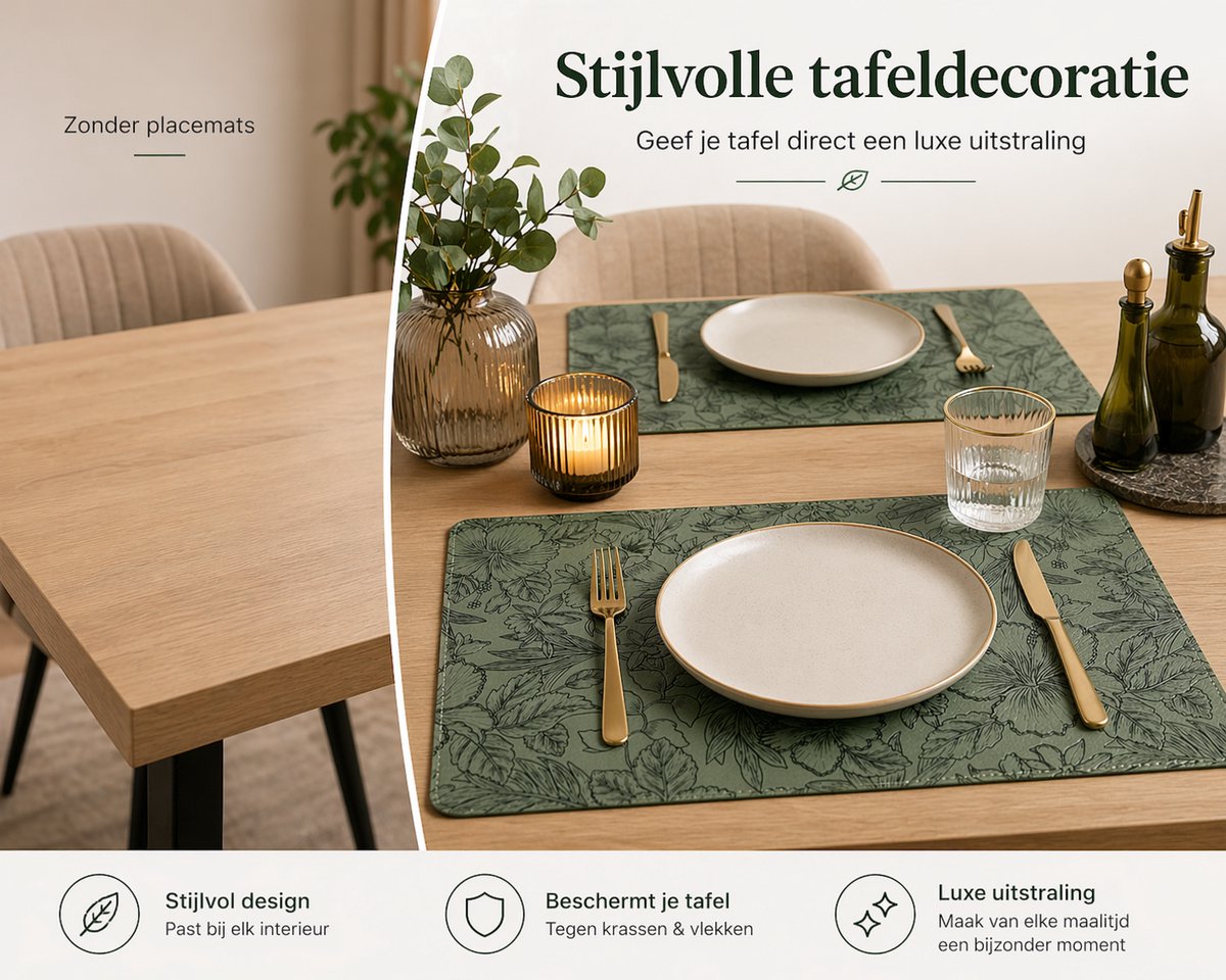 Cliste Groene Leren Placemats Set van 6 - Bladerenprint - Afwasbaar & Waterafstotend - Hittebestendig - Luxe Tafeldecoratie - 45x30cm — cadeau in Wonen & Interieur - foto 2
