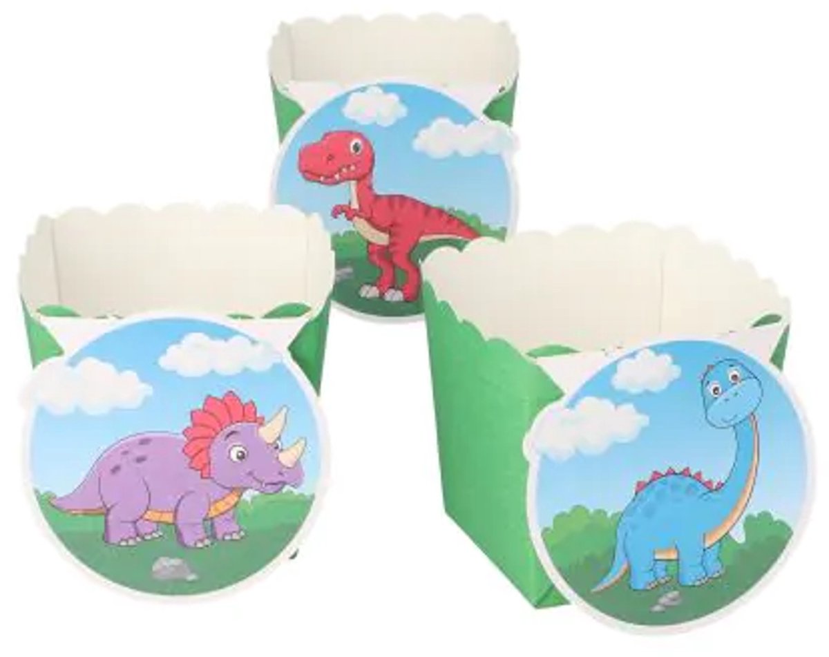 Dino bakvormpjes 6 cm x 5 cm x 5 cm FSC muffinvormpjes dinosaurus groen (24 stuks)