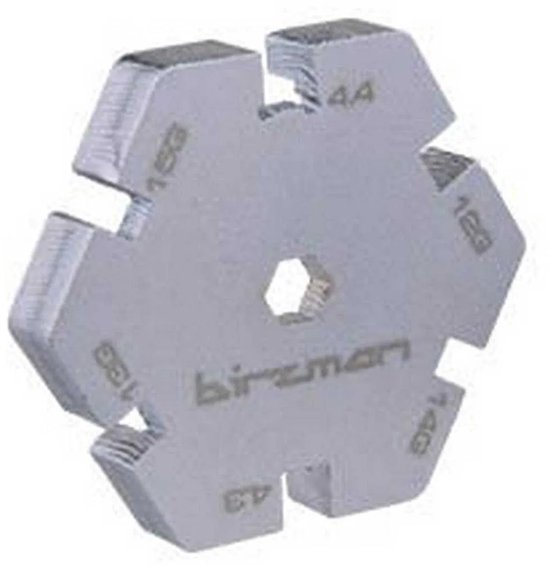 Zeskantige zilverkleurige spaakspanner met 'birzman' erop gegraveerd en maten zoals 4,4, 12G, 14G, 4,3, 13G, 15G.