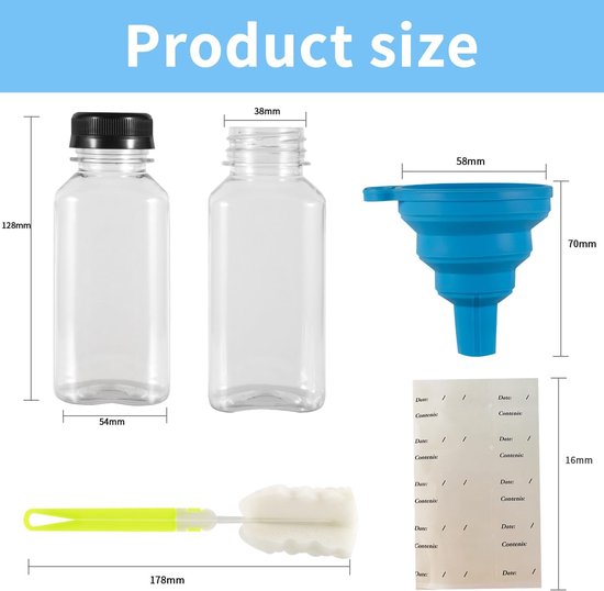 Sapflesjes 250ml met Doppen Set van 10 - Lekvrij & Luchtdicht - Herbruikbare PET Drinkflessen - Inclusief Trechter & Reinigingsborstel - Smoothie Flesjes, Sapflessen, Kleine Drinkflessen voor Onderweg & Koelkast — afbeelding 3