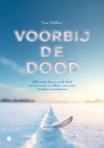 Livre "Voorbij de dood" de Tina Wellens. Une plume sur un chemin enneigé sous un ciel bleu.