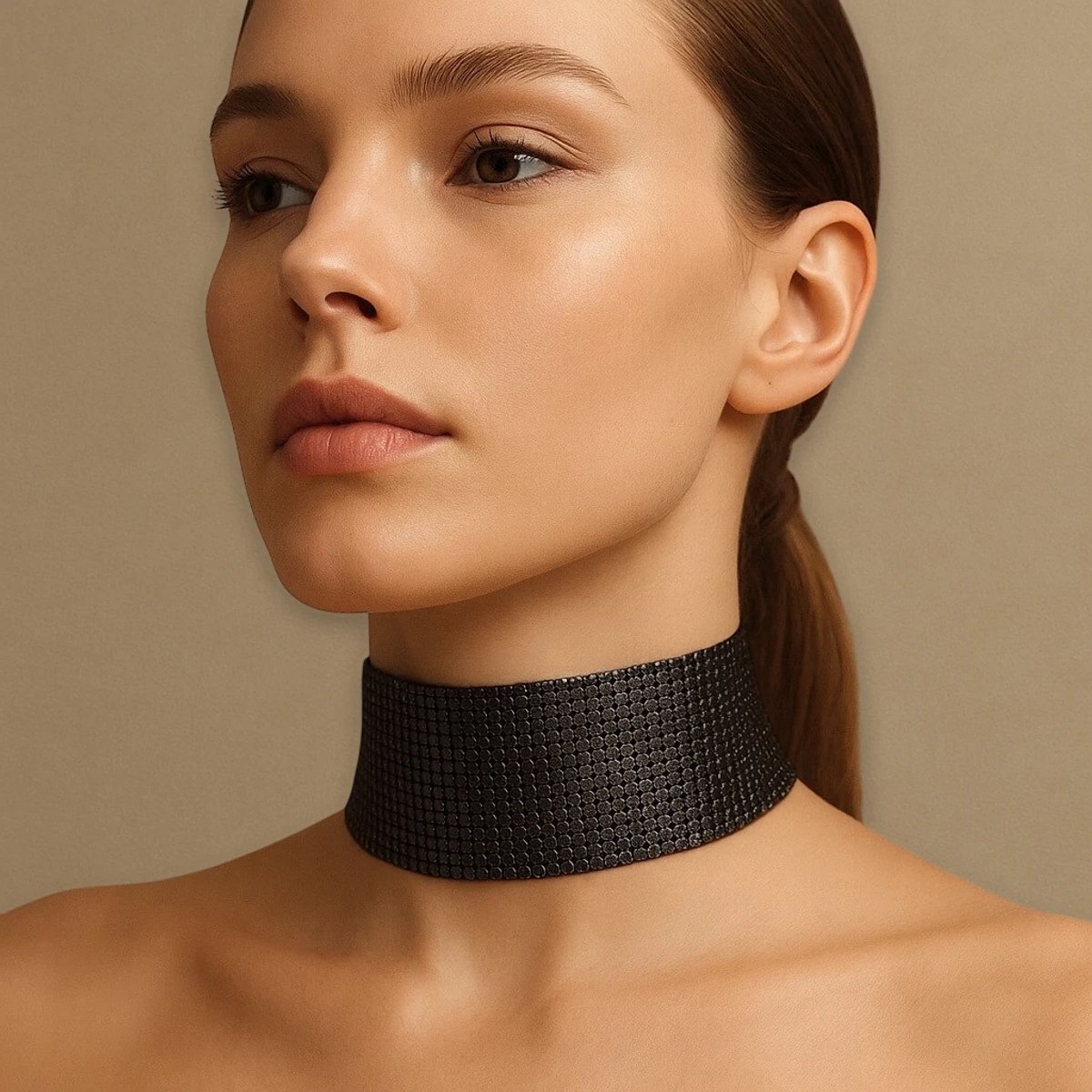 Dorvina Abiye Choker Ketting Antrasit Metal Pul Zirhli Choker Dames Ketting