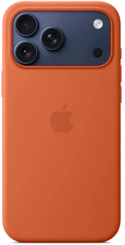 Coque terracotta pour iPhone 17 Pro Max avec îlot caméra bleu.