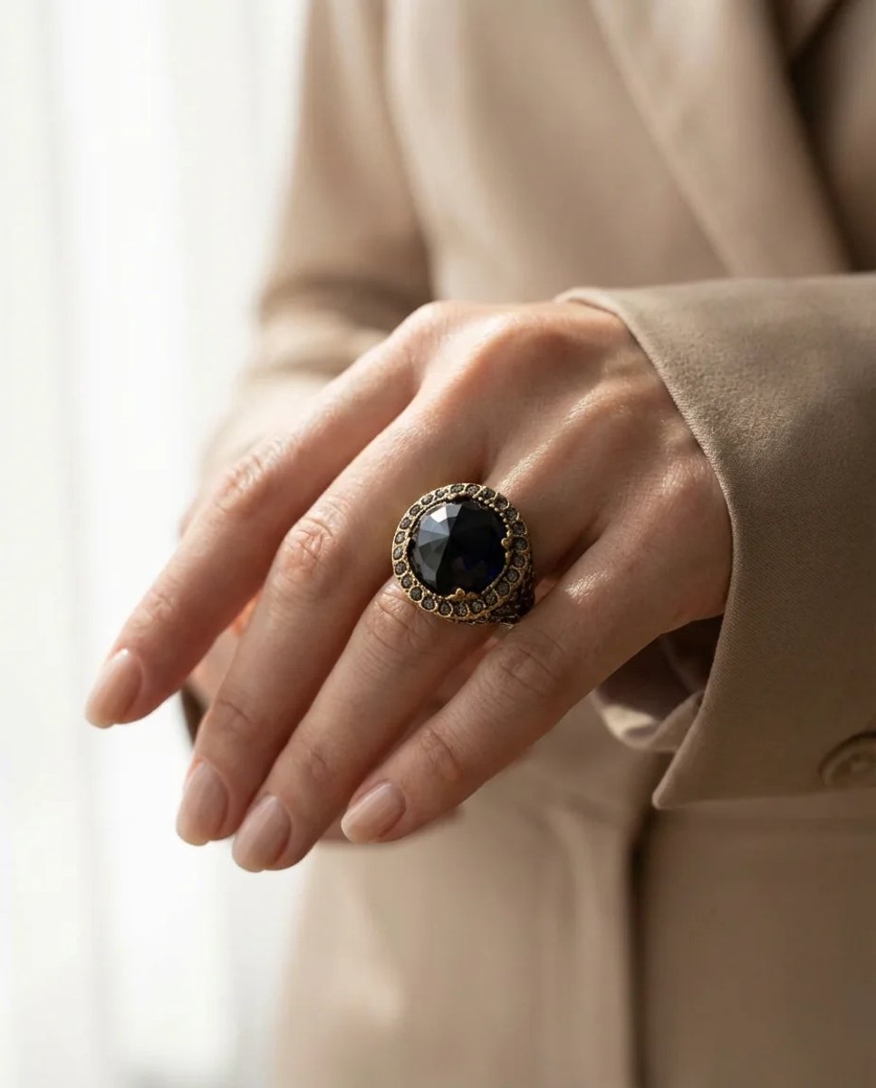 Dorvina Bronzen Sieraad Authentiek Lacivert Topaz Model Rond Kesim Verstelbaar Vintage Dames Ring