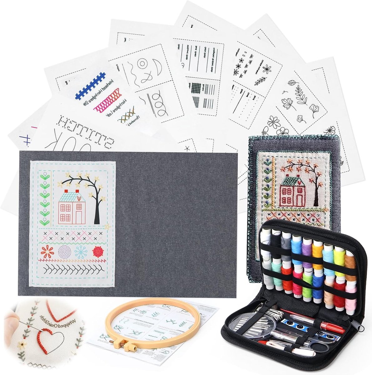 Embroidery set voor beginners – inclusief diverse patronen, steekinstructies, borduurstrip en naaigereedschap voor creatief borduren