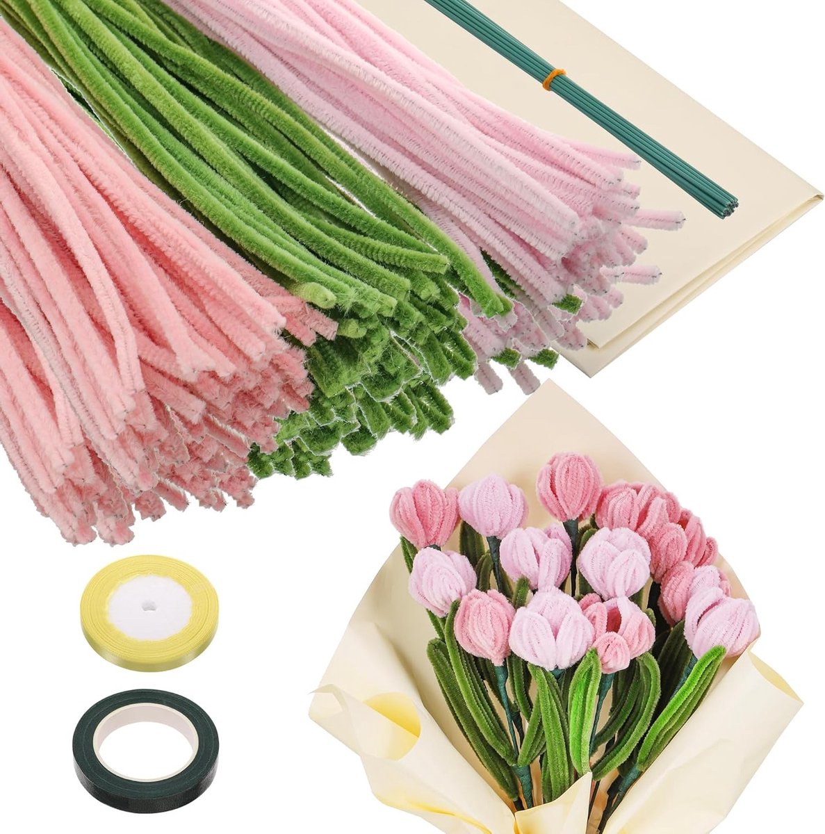 Flexibele Chenille Pijpenragers in Roze en Groen - 320 Stuks, 30 cm Creatieve Set voor Volwassenen en Knutselprojecten