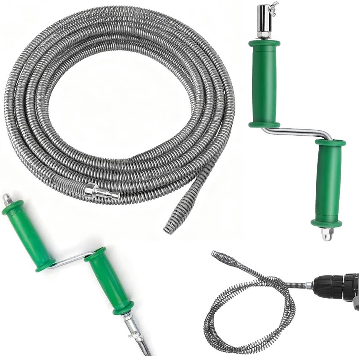 Efficiënte Spiralen voor Afvoerreiniging, 5 m, ø 10 mm, Handmatige en Elektrische Adapters voor Keuken, Vloerafvoer en Toilet