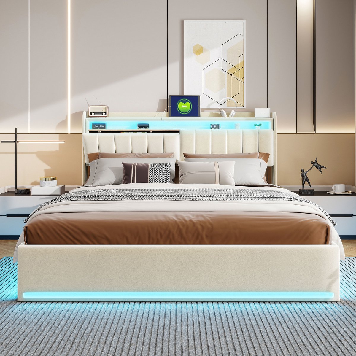 ROSAHQNDA Gestoffeerd bed 140 x 200 cm, tweepersoonsbed met ledverlichting en usb-poort, opbergruimte in het hoofdeinde, hydraulische rails, fluweel, beige