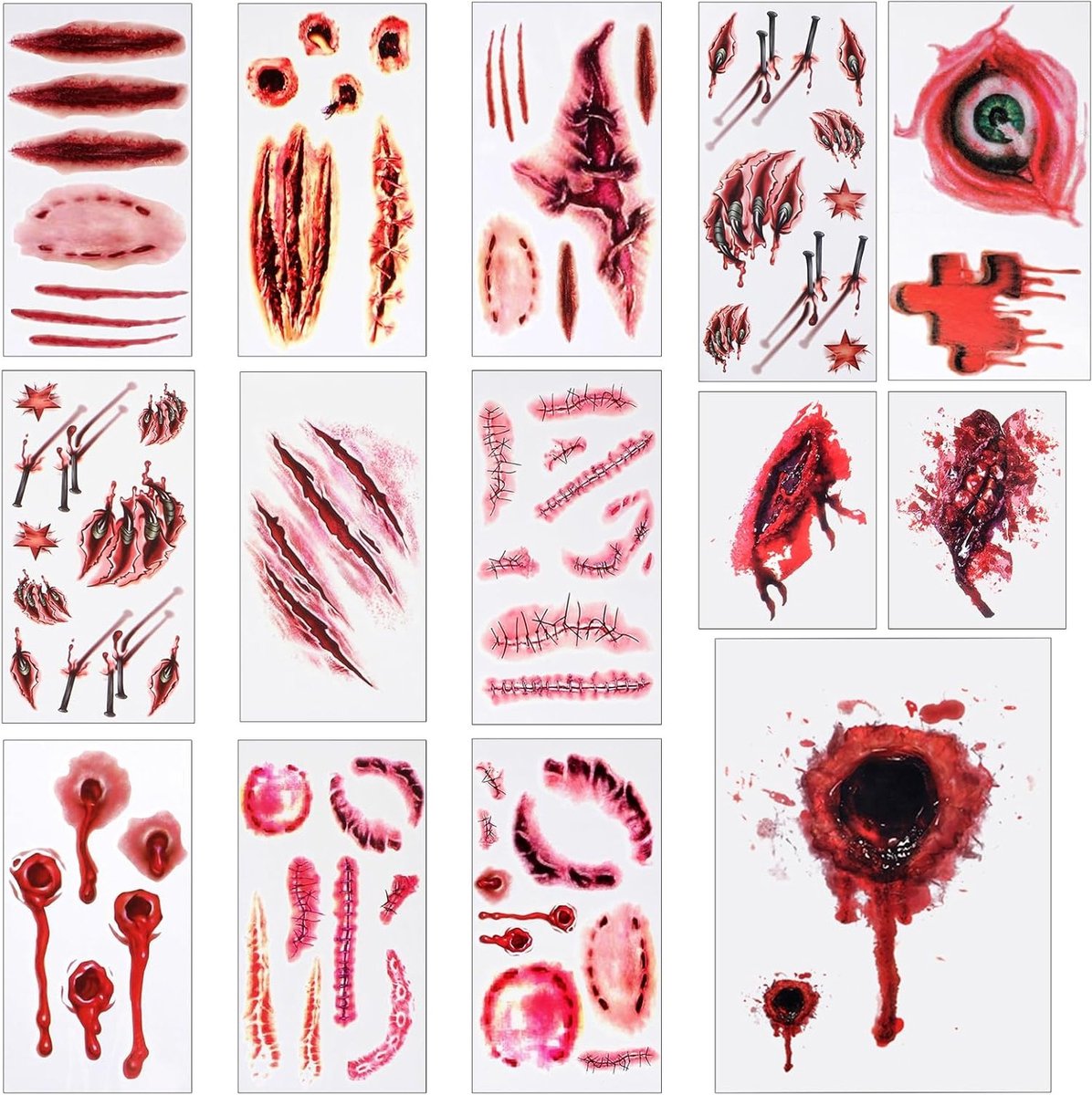 14 Vel Halloween Tattoo Stickers voor Bloedige Wonden, Scars en Zombie Makeovers voor Cosplay en Grappige Make-up