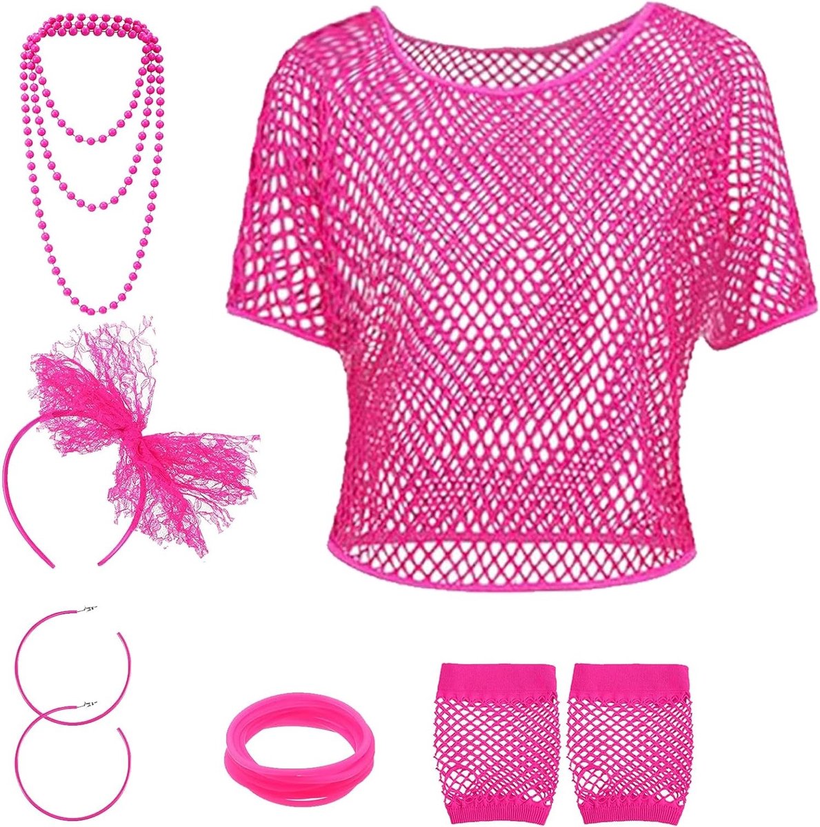 6-delige 80s Retro Kostuum Accessoires Set voor Vrouwen met Hoofdband, Oorbellen en Vissennet Handschoenen voor Themafeesten