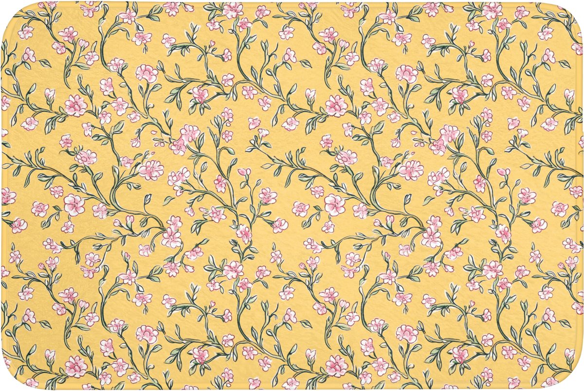 WC mat 90x60 cm - Antislip - Bloemen - Motief - Geel - Toiletmat - Vloermat - Douchemat -