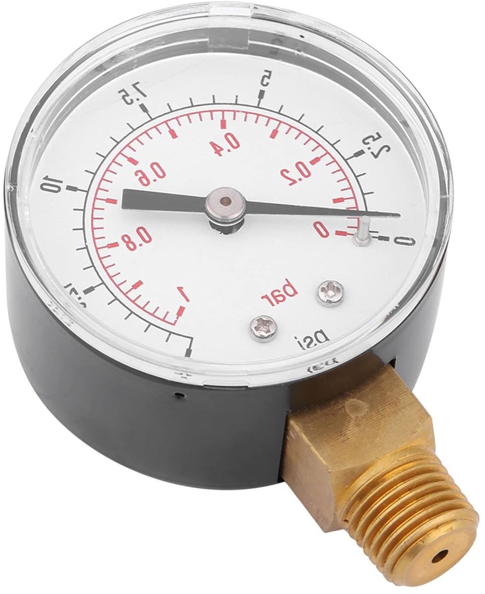 Mini Manometer 50 mm voor Brandstof, Lucht, Olie en Water - 0-15 PSI en 0-1 Bar Dual Scale, 1/4 Inch BSPT Onderste Bevestiging