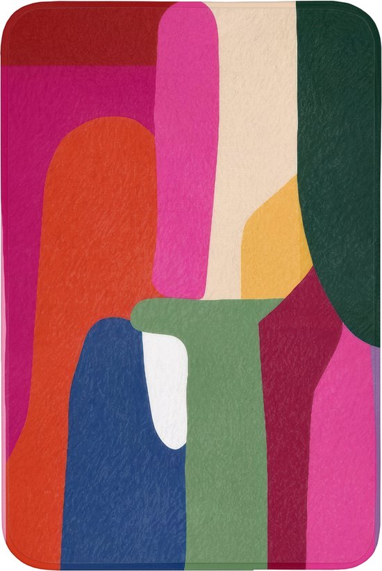 Badmat met abstracte kleurelementen in rood, oranje, blauw, groen, roze en crème.