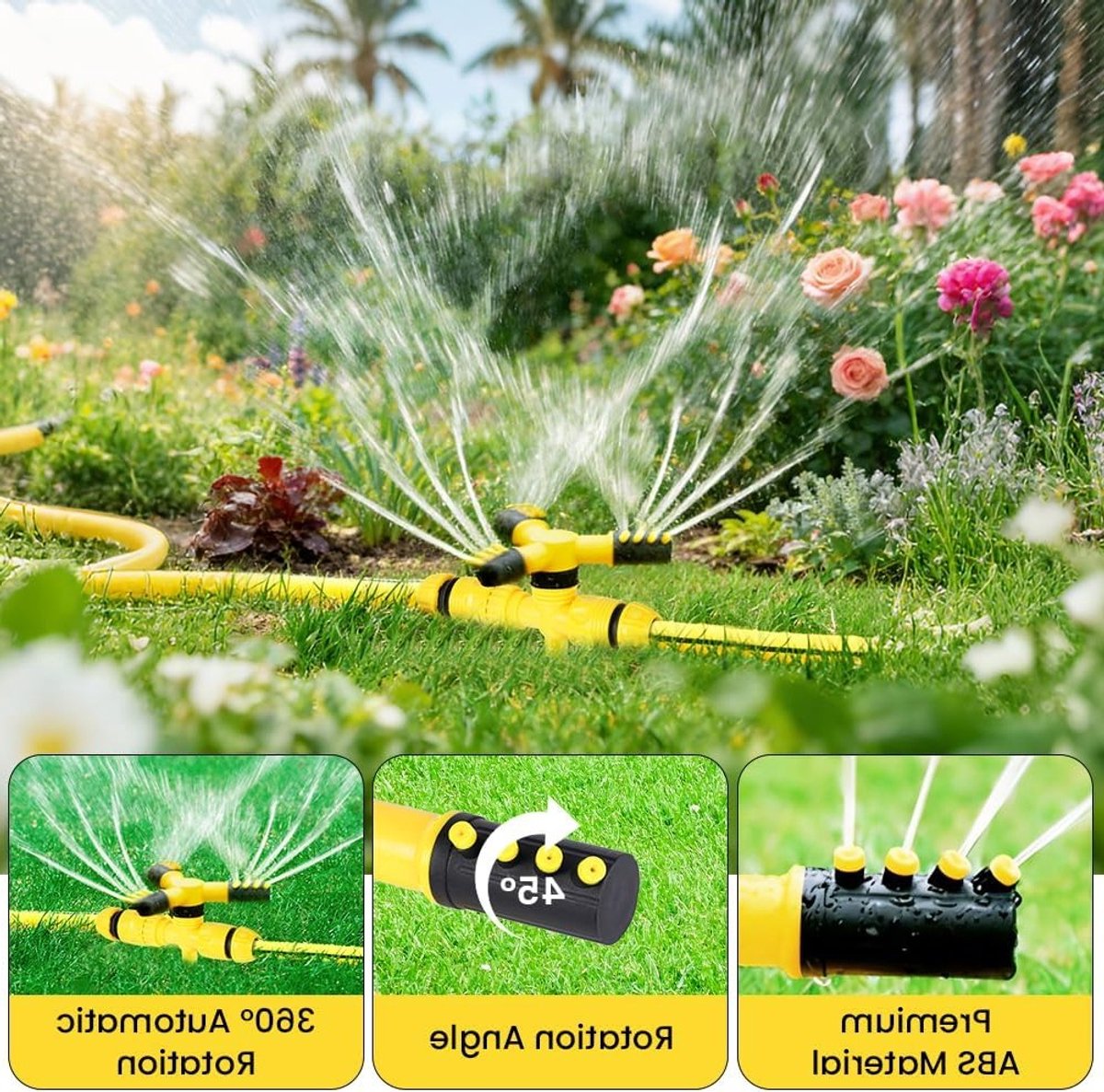 360° Draaibare Tuinsproeier met 3 Armen en 12 Doppen, Ideaal voor Tuin en Gazon, Beregening tot 10 m Diameter