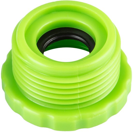 Lichtgroene schroefdraad adapter met geribbelde rand en zwarte ring.