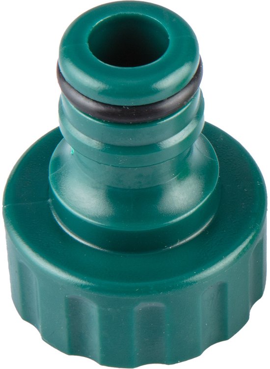 Groene slangkoppeling met geribbelde moer en twee zwarte ringen.