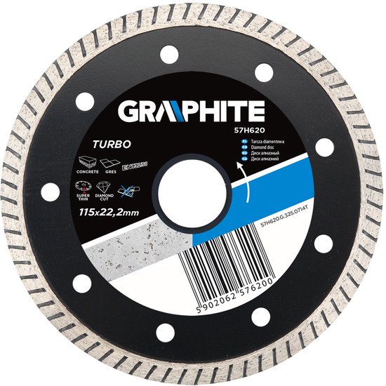 Graphite Turbo diamantschijf, 115x22,2mm, met tandprofiel en witte cirkel in het midden.