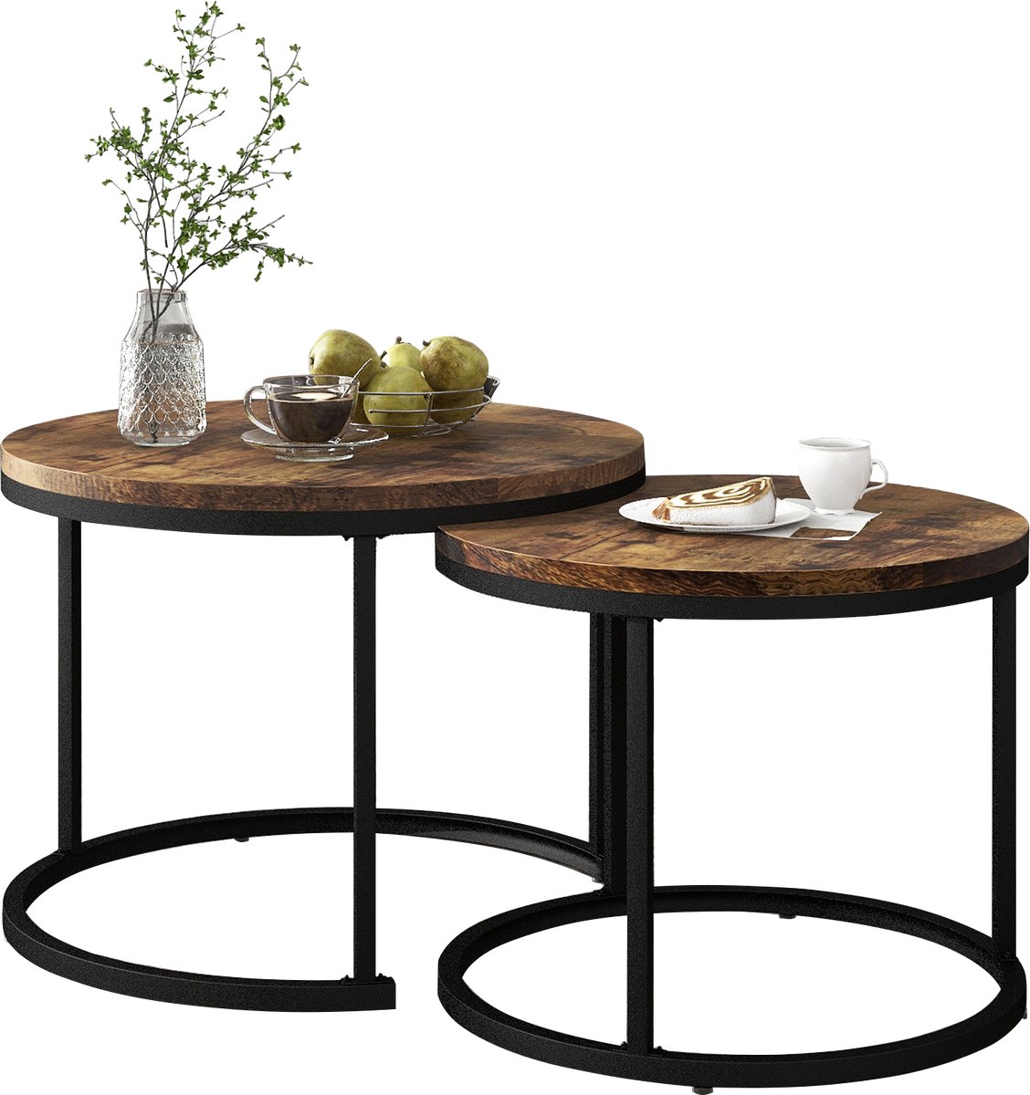 YYchan Salontafel - Ronde Bijzettafels Set van 2 - Retro Design - Vintage Houtlook - 70.5 & 44 cm - Bruin