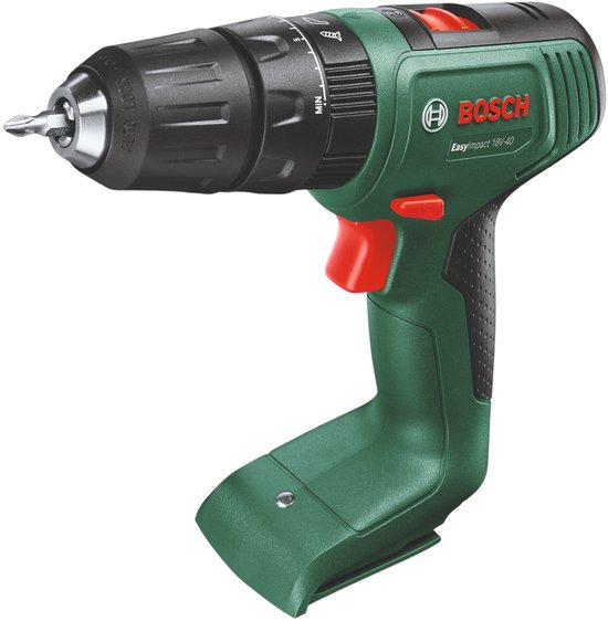Groene Bosch EasyImpact 18V-40 accuboorschroevendraaier met rode accenten en een schroefbit.