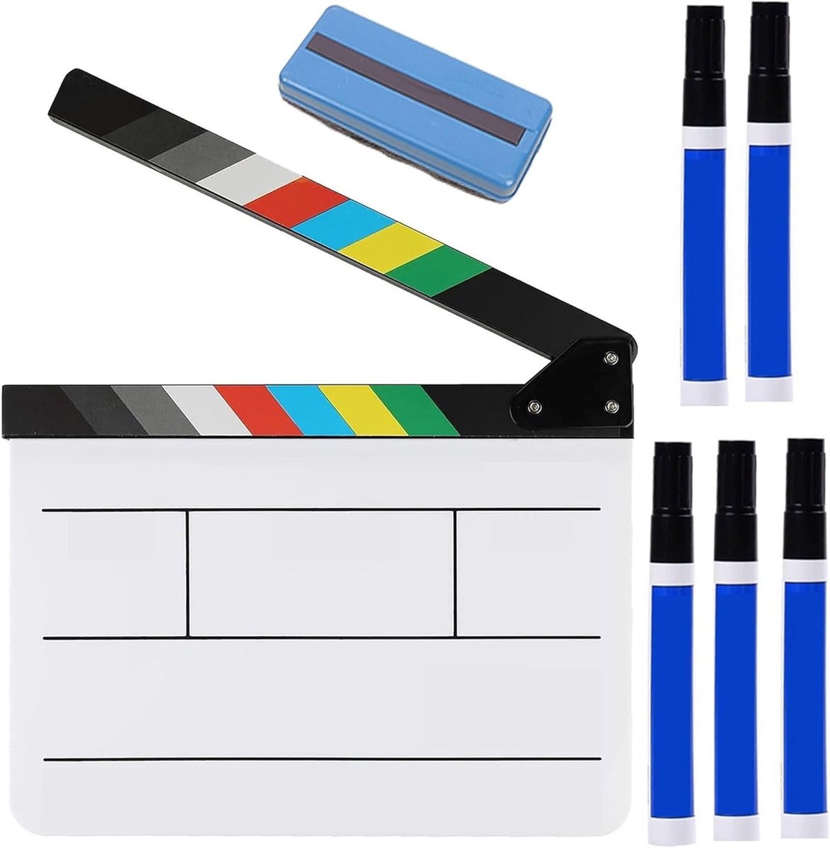 Kleurrijke 7-delige Acryl Filmklapbord Set met 5 Marker Pennen en Schoolbord Gum, Ideaal voor Filmmakers en Creatieve Projecten, 20 x 20 cm