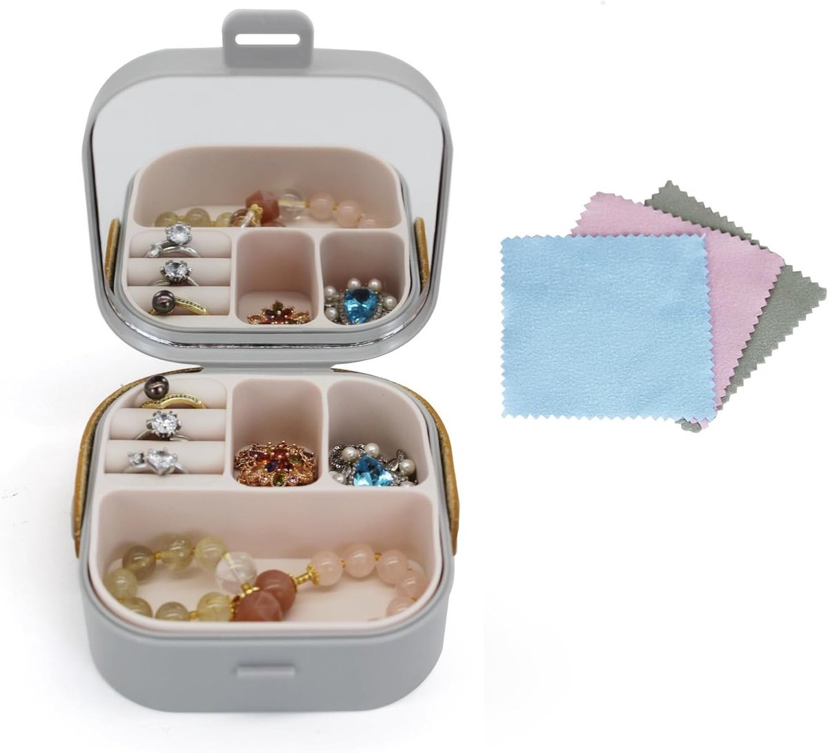 Sieradenopbergdoos met Spiegel en 3 Stuks Reinigingsdoekjes, Compacte Reisjuwelendoos voor Ringen, Oorbellen en Armbanden, Ideaal voor Sieradenopslag en Organisatie