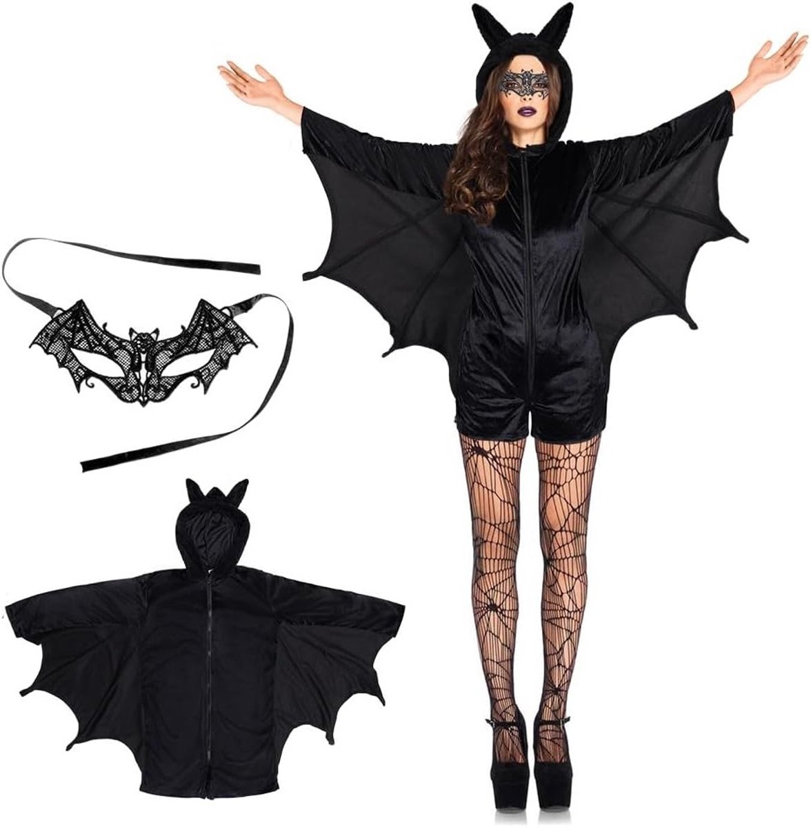 Bat Kostuum voor Dames, Pluche Bat Accessoire voor Feestkleding, Volwassen Bat Cape met Zwarte Kanten Masker, Vampier Outfit voor Halloween Feest en Kostuumfeest