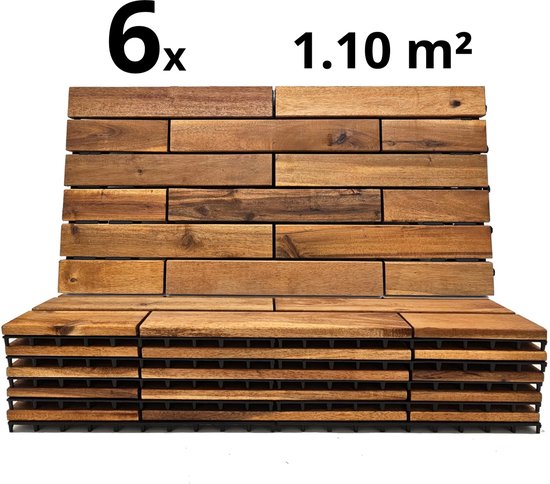Terrastegels - Acaciahout - 6 Stuks - 1.10 m² - Bruin - 15 Latjes - Vlondertegels - Balkontegels - Makkelijke en Snelle Montage