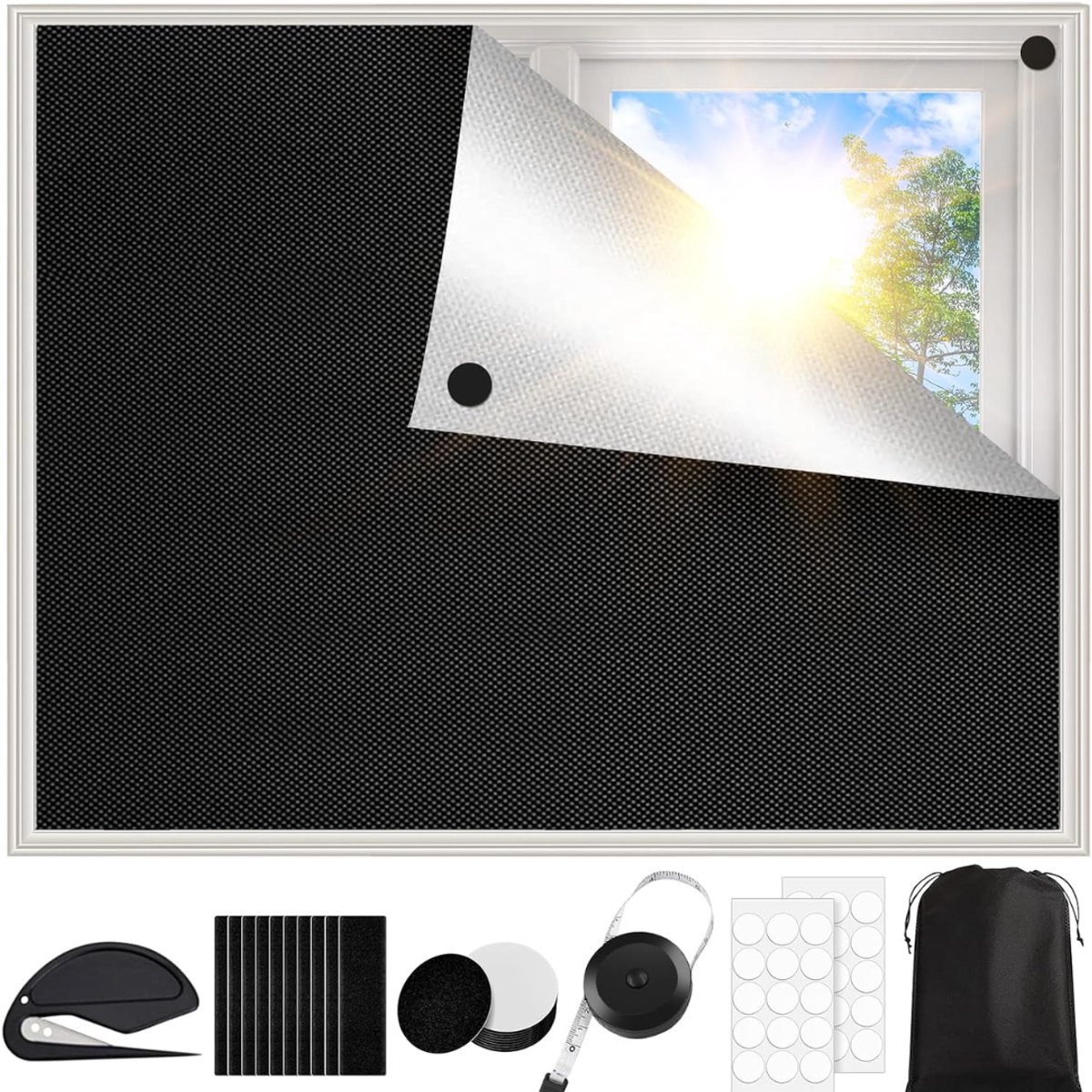 HEZIVO® Verduisteringsdoek - Zonwering Raam - 100% Verduisterend Raamfolie - Zonwerend en Isolerend - Zonder Boren - 200 x 145 cm