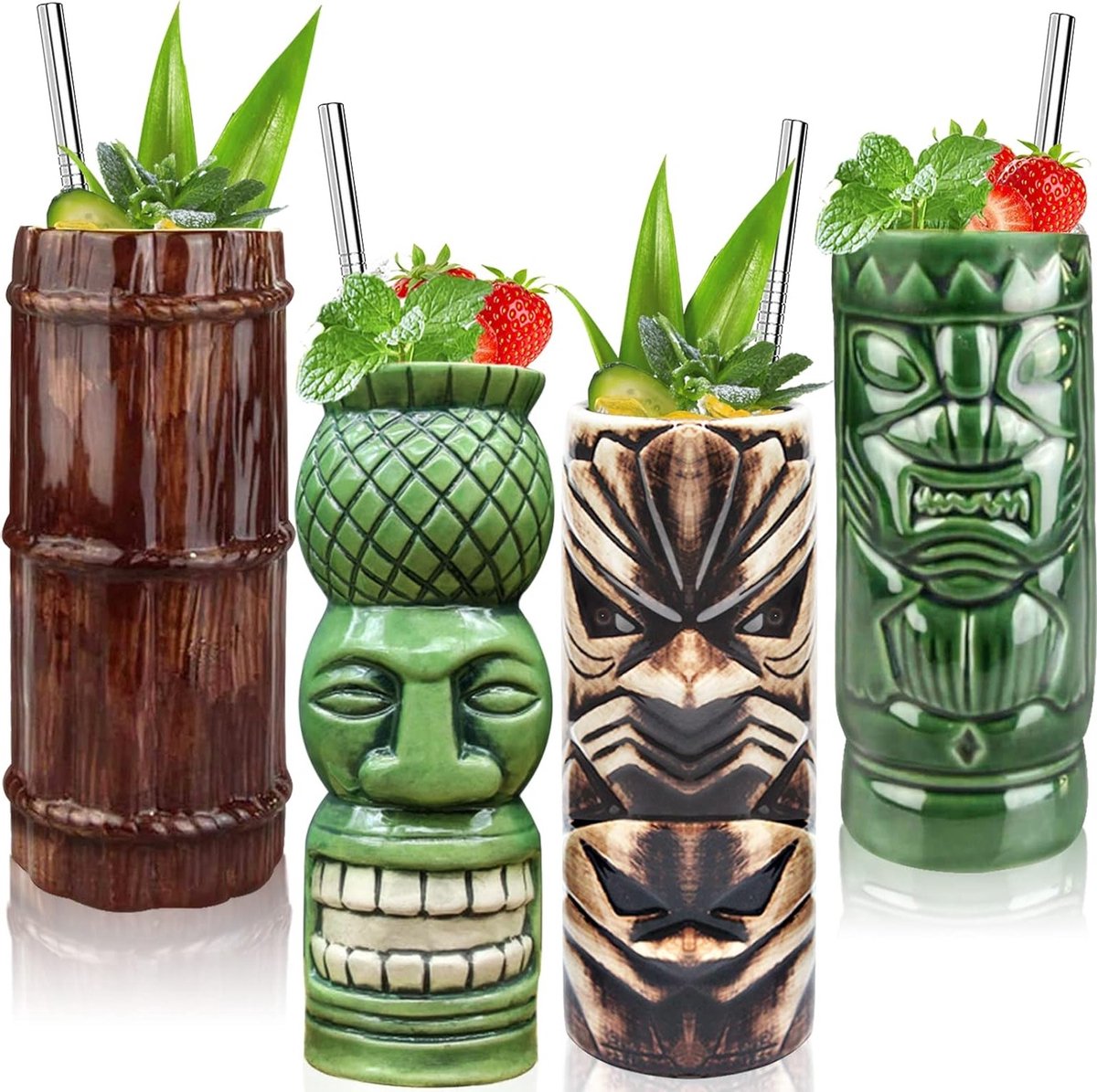 Set van 4 Tiki Glazen - Grote Keramische Tumblers voor Cocktails en Drankjes op Hawaiian Luau Feesten