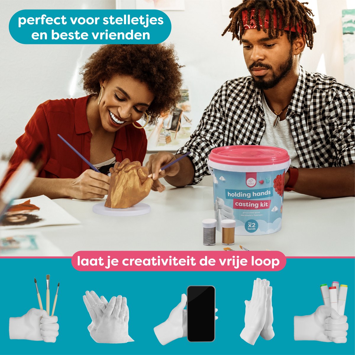 Chuckle – 3D Gipsafdruk Set - Handafdrukset - Handgietset voor Koppels en Familie met Goudverf - Eenvoudig te Gebruiken - Uniek Cadeau en Souvenir voor Jubilea - Verjaardagen en Kerstmis — afbeelding 8