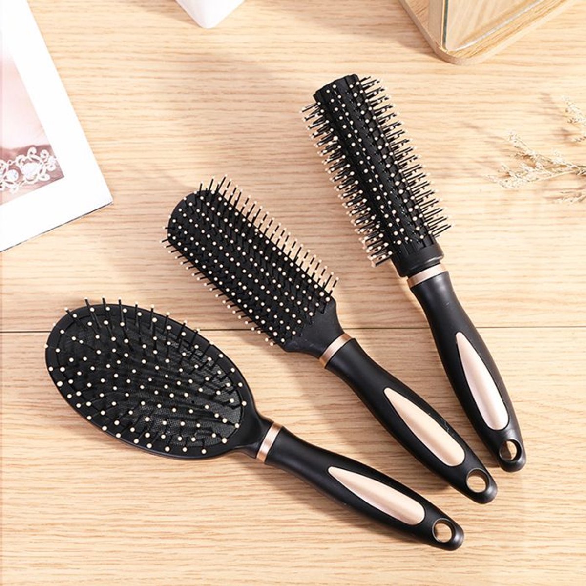 Driedelige set antistatische massageborstels met nylon naalden