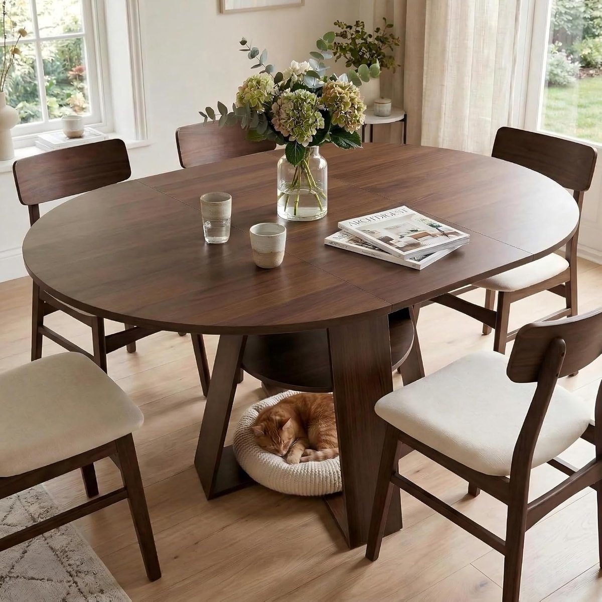 Oval Harmony Uitschuifbare Eettafel – Flexibele Keukentafel van 100 tot 140 cm – Walnoot Finish met Praktisch Opbergplateau – Voor 2 tot 8 Personen